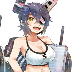 Rule 34 | 1girl, bikini, breasts, cleavage, collarbone, eyepatch, headgear, itomugi-kun, kantai collection, large breasts, looking at viewer, machinery, open mouth, purple hair, rigging, short hair, simple background, smile, solo, swimsuit, tenryuu (kancolle), upper body, white background, white bikini, yellow eyes