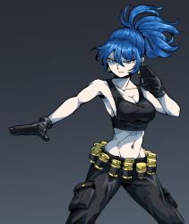 Rule 34 | 1girl, armpits, bare shoulders, bbtan96, black gloves, blue eyes, blue hair, breasts, cargo pants, cleavage, earrings, gas can, gloves, highres, jewelry, leona heidern, military, military uniform, muscular, muscular female, pants, ponytail, serious, solo, the king of fighters, the king of fighters xiii, uniform