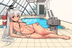 Rule 34 | 1girl, amatsukaze (kancolle), areola slip, arm support, bad id, bad twitter id, bikini, blush, breasts, hair tubes, hairband, hat, indoors, kantai collection, long hair, looking at viewer, lying, medium breasts, micro bikini, mini hat, navel, on side, open mouth, osananajimi neko, plant, pool, poolside, rei no pool, rensouhou-kun, silver hair, sketch, slingshot swimsuit, swimsuit, two side up