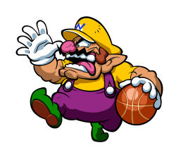 Rule 34 | 1boy, ball, basketball, basketball (object), fat, fat man, full body, gloves, hat, highres, male focus, mario (series), nintendo, official art, simple background, solo, wario, wario land, white gloves