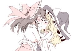 Rule 34 | 2girls, bare shoulders, blonde hair, blush, bow, brown hair, collarbone, commentary, detached sleeves, closed eyes, hair bow, hair tubes, hakurei reimu, hand on another&#039;s shoulder, hat, hug, kirisame marisa, kiss, kiss day, large bow, long hair, minust, multiple girls, ribbon-trimmed sleeves, ribbon trim, sarashi, simple background, touhou, undone sarashi, white background, witch hat, yuri