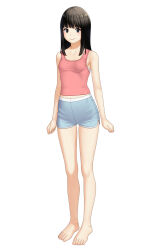 Rule 34 | 1girl, barefoot, black eyes, black hair, breasts, closed mouth, commentary, dolphin shorts, full body, grey shorts, highres, long hair, looking at viewer, loungewear, maburu (lojyq1eur3e8bit), original, pink tank top, short shorts, shorts, simple background, small breasts, smile, solo, standing, straight hair, tank top, white background