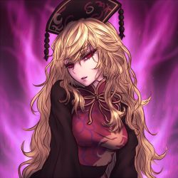 Rule 34 | 1girl, animal print, black dress, blonde hair, breasts, chinese clothes, colored eyelashes, diamond-shaped pupils, diamond (shape), dress, energy, fox tail, hair over shoulder, hat, junko (touhou), long hair, long sleeves, looking at viewer, miata (miata8674), multiple tails, obi, parted lips, pink lips, red eyes, ribbon, sash, sideways glance, solo, symbol-shaped pupils, tabard, tail, touhou, upper body, very long hair, wide sleeves