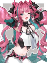 &gt;_&lt; 1girl ;d aqua_hair arknights arknights:_endfield arm_up armpits belt blush border breasts cleavage collarbone cowboy_shot crop_top detached_sleeves dragon_girl dragon_horns dragon_tail expressive_clothes fang gloves green_eyes grey_background hair_intakes highres horns large_breasts long_hair long_sleeves looking_at_viewer midriff mole mole_under_eye multicolored_hair navel one_eye_closed open_mouth outline outside_border pants pink_gloves pink_hair see-through_clothes see-through_sleeves simple_background skin_fang smile solo tail twintails two-tone_gloves two-tone_hair very_long_hair white_border white_outline white_pants yuki_nko64 yvonne_(arknights)