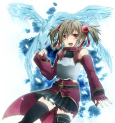 Rule 34 | 10s, 1girl, armor, black thighhighs, breastplate, brown hair, detached sleeves, dragon, fingerless gloves, gloves, hair bobbles, hair ornament, keita (tundereyuina), looking at viewer, multiple tails, open mouth, pina (sao), red eyes, short twintails, silica, skirt, smile, solo, sword art online, tail, thighhighs, thighs, twintails, two tails