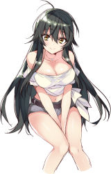 Rule 34 | 1girl, ahoge, anapom, bare shoulders, black hair, blush, breasts, cleavage, closed mouth, collarbone, hair between eyes, jewelry, large breasts, long hair, looking at viewer, navel, necklace, off-shoulder shirt, off shoulder, original, shirt, short shorts, shorts, simple background, smile, solo, stomach, v arms, very long hair, white background, white shirt, yellow eyes