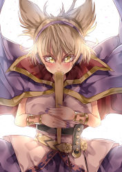 Rule 34 | 1girl, absurdres, backlighting, belt, bracer, breasts, cape, commentary request, earmuffs, highres, large breasts, light brown hair, looking at viewer, mahoro (minase mahoro), multiple belts, nail polish, partial commentary, pointy hair, purple nails, ritual baton, smile, smirk, solo, touhou, toyosatomimi no miko, two-sided cape, two-sided fabric, v-shaped eyebrows, yellow eyes