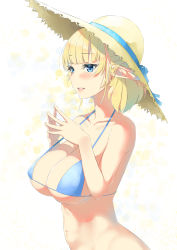 Rule 34 | 1girl, absurdres, artist name, bikini, blonde hair, blue bikini, blue eyes, blue ribbon, blunt bangs, bottomless, breasts, dated, elf, fingers together, from side, hat, highres, large breasts, micro bikini, na arva, navel, open mouth, original, pointy ears, ribbon, short hair, smile, solo, stomach, strap gap, straw hat, swimsuit, underboob
