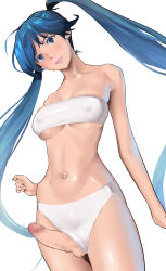 Rule 34 | 1girl, bad id, bad pixiv id, bandeau, blue eyes, blue hair, bra, breasts, censored, closed mouth, covered erect nipples, cowboy shot, erection, futanari, head tilt, highres, large breasts, lipstick, looking at viewer, makeup, mosaic censoring, navel, navel piercing, original, panties, penis, penis out, piercing, pink lips, shiratama (monster1553), simple background, solo, standing, strapless, testicles, tube top, underboob, underwear, white background, white bra, white panties