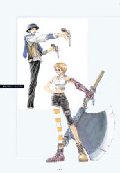 Rule 34 | 1boy, 1girl, axe, belt, boots, bowler hat, chain, cyborg, full body, gil bastar, gun, hand on own hip, handgun, hat, hip focus, marksman, mouth hold, nami (one piece), oda eiichirou, official art, one piece, pants, pistol, scarf, simple background, standing, striped legwear, vest, wanted!, weapon, white background, white pants