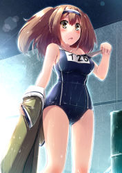 Rule 34 | 10s, 1girl, blush, brown eyes, brown hair, drum (container), fuuki (te fuukin), hairband, holding, i-26 (kancolle), jacket, unworn jacket, kantai collection, lens flare, long hair, looking at viewer, matching hair/eyes, name tag, one-piece swimsuit, school swimsuit, solo, swimsuit, triangle mouth, two-tone hairband, two side up, wet, wet clothes