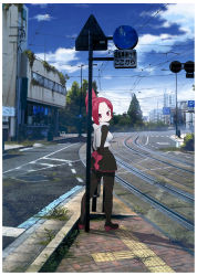 Rule 34 | 1girl, blue sky, boots, building, commentary request, day, folded ponytail, full body, gloves, high heel boots, high heels, highres, kemurikusa, long sleeves, looking at viewer, looking back, outdoors, photo-referenced, plant, red eyes, red hair, rin (kemurikusa), road sign, ruins, sat-c, scarf, short hair, sign, sky, solo, tree, vest, white scarf, white vest