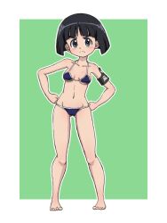 Rule 34 | 1girl, armband, barefoot, bikini, black eyes, black hair, blunt bangs, blunt ends, bob cut, breasts, closed mouth, commentary, frown, full body, girls und panzer, green background, groin, halterneck, hands on own hips, looking at viewer, navel, outline, outside border, short hair, small breasts, solo, sono midoriko, standing, swimsuit, takahashi kurage, white outline