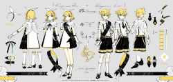 Rule 34 | 1boy, 1girl, aqua eyes, arm at side, bass clef, black footwear, black necktie, black ribbon, black sash, black shorts, blonde hair, bow, bow hairband, character sheet, colored shoe interior, dress, dress shoes, flipped hair, full body, gloves, grey background, hairband, hand up, highres, kagamine len, kagamine rin, kneehighs, legs apart, legs together, looking at viewer, miku symphony (vocaloid), multiple views, neck ribbon, necktie, official art, parted bangs, rella, ribbon, sash, shirt, short hair, short necktie, short sleeves, shorts, shoulder sash, simple background, socks, standing, suspender shorts, suspenders, treble clef, turnaround, two-sided sash, vocaloid, white bow, white dress, white gloves, white shirt, white socks