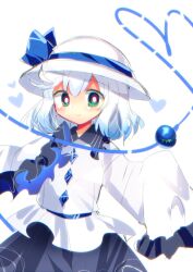 Rule 34 | 1girl, alternate color, black skirt, blue hair, blue ribbon, bright pupils, chisen maimai, closed mouth, gradient hair, green eyes, hat, hat ribbon, heart, heart of string, highres, komeiji koishi, long sleeves, looking at viewer, multicolored hair, ribbon, shirt, short hair, simple background, skirt, sleeves past fingers, sleeves past wrists, smile, solo, third eye, touhou, touhou lostword, white background, white hair, white hat, white pupils, white shirt