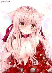 1girl :o animal_ears bare_shoulders blush breasts brown_eyes choker female_focus hair_ribbon japanese_clothes kimono long_hair medium_breasts nanase_kureha nanase_nao original pink_hair red_ribbon ribbon solo twitter_username upper_body