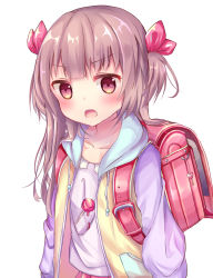 Rule 34 | 1girl, arms at sides, backpack, bad id, bad pixiv id, bag, bag charm, blush, brown eyes, brown hair, candy, charm (object), collarbone, commentary request, drawstring, food, hair ribbon, heart, highres, hood, hood down, jacket, key, lollipop, long hair, looking at viewer, multicolored clothes, multicolored jacket, open mouth, original, pink skirt, pocket, purple shirt, randoseru, red ribbon, ribbon, shirt, simple background, skirt, solo, tsuruse, two side up, white background