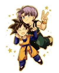 Rule 34 | 2boys, black hair, blue eyes, boots, closed eyes, dougi, dragon ball, dragonball z, flying, happy, long sleeves, looking at viewer, male focus, multiple boys, neko ni chikyuu, open mouth, purple hair, simple background, smile, son goten, spiked hair, star (symbol), starry background, trunks (dragon ball), v, white background, wristband