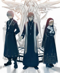 Rule 34 | 1girl, 2boys, angel statue, arm behind back, arms behind back, black dress, black footwear, black robe, brown hair, closed mouth, cross, cross earrings, cross necklace, dress, earrings, glasses, gloves, grey background, habit, highres, isshiki (ffmania7), jewelry, kanae (nijisanji), kuzuha (nijisanji), latin cross, long hair, long sleeves, looking at viewer, multiple boys, necklace, nijisanji, nun, own hands clasped, own hands together, pointy ears, robe, shoes, sister claire, smile, statue, traditional nun, veil, virtual youtuber, white gloves