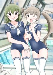 Rule 34 | 2girls, ;d, ahoge, blue one-piece swimsuit, blue sailor collar, blush, breasts, brown eyes, brown hair, building, cleavage, collarbone, covered navel, green hair, hair ribbon, hakozaki serika, hand up, highres, holding another&#039;s arm, idolmaster, idolmaster million live!, idolmaster million live! theater days, indoors, long hair, looking at viewer, medium breasts, multiple girls, nagayoshi subaru, neckerchief, one-piece swimsuit, one eye closed, open hand, open mouth, plant, pool, poolside, potted plant, red eyes, reflection, rei no pool, ribbon, sailor collar, short hair, short sleeves, small breasts, smile, sweatdrop, swimsuit, the end of chun, thighhighs, twintails, very long hair, water, white neckerchief, white ribbon, white thighhighs, window