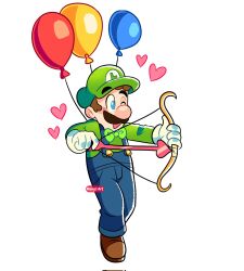 Rule 34 | 1boy, balloon, big nose, blue eyes, blue overalls, bow (weapon), brown hair, cupid, facial hair, gloves, green hat, green shirt, hat, highres, long sleeves, luigi, manysart1, mario (series), mustache, nintendo, one eye closed, overalls, shirt, solo, super mario odyssey, weapon, white gloves