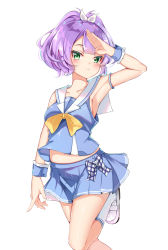 Rule 34 | 1girl, absurdres, alternate costume, arm up, armpits, azur lane, bad id, bad pixiv id, bare shoulders, blue shirt, blue skirt, blush, bow, breasts, catnnn, closed mouth, collarbone, commentary, crop top, foot out of frame, green eyes, hair between eyes, hair ornament, hair ribbon, hand up, highres, javelin (azur lane), javelin (let&#039;s become waitresses!) (azur lane), leg up, looking at viewer, medium breasts, midriff, midriff peek, miniskirt, navel, pleated skirt, ponytail, purple hair, ribbon, sailor collar, shirt, shoes, short hair, simple background, skirt, sleeveless, sleeveless shirt, socks, solo, standing, standing on one leg, white background, white footwear, white ribbon, white sailor collar, white socks, wrist cuffs, wristband