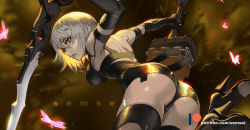 Rule 34 | 1girl, android, armlet, ass, bare shoulders, black gloves, black shorts, blue eyes, breasts, bug, butterfly, david semsei, dual wielding, elbow gloves, from below, gloves, hair between eyes, high heels, holding, holding sword, holding weapon, bug, joints, large breasts, mole, mole under mouth, nier (series), nier:automata, pink lips, robot joints, short hair, shorts, silver hair, sword, tank top, thighs, weapon, a2 (nier:automata)