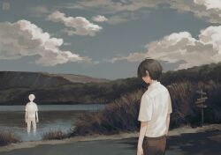 Rule 34 | 2boys, belt, black hair, brown pants, cloud, cloudy sky, driftwoodwolf, from behind, ghost, grass, male focus, mountain, multiple boys, nature, original, outdoors, pants, partially submerged, river, road sign, scenery, shirt, short hair, sign, sky, water, white shirt