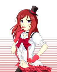 Rule 34 | 10s, 1girl, absurdres, bokura wa ima no naka de, bow, bowtie, breasts, choker, clothing cutout, collarbone, eyebrows, fingerless gloves, gloves, hat, heart, heart cutout, highres, jojo pose, looking at viewer, love live!, love live! school idol project, midriff, mini hat, multicolored clothes, multicolored skirt, navel, nishikino maki, open mouth, purple eyes, red bow, red bowtie, red hair, shirt, short sleeves, skirt, solo, striped, striped background, two-tone background, wangphing, white shirt