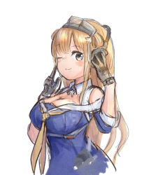 Rule 34 | 1girl, blonde hair, blue eyes, blue shirt, breasts, cleavage, commentary request, double bun, fletcher (kancolle), fletcher mk ii (kancolle), gloves, grey gloves, hair bun, headphones, kantai collection, large breasts, long hair, looking at viewer, neckerchief, off shoulder, one eye closed, sailor collar, school uniform, serafuku, shirt, simple background, smile, solo, upper body, white background, white sailor collar, wss (nicoseiga19993411), yellow neckerchief