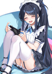 Rule 34 | 1girl, apron, aris (blue archive), aris (maid) (blue archive), ass, black dress, black footwear, blue archive, borrowed clothes, closed eyes, couch, dress, garter straps, hairband, highres, konka, long hair, maid headdress, nintendo switch, numbered, official alternate costume, on couch, open mouth, panties, parted bangs, playing games, ponytail, simple background, solo, teeth, thighhighs, tongue, underwear, upper teeth only, very long hair, white apron, white background, white hairband, white panties, white thighhighs