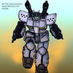 Rule 34 | artist request, character name, dual wielding, gradient background, gun, guncannon mp type, gundam, gundam side story: rise from the ashes, holding, mecha, robot, weapon