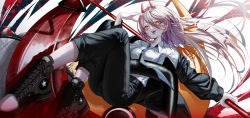 Rule 34 | 1girl, absurdres, black footwear, black jacket, black necktie, black pants, breasts, chainsaw man, collared shirt, commentary request, cross-shaped pupils, crosshair pupils, demon horns, floating hair, hair between eyes, hemokinesis, highres, holding, holding weapon, horns, jacket, long hair, long sleeves, looking at viewer, medium breasts, necktie, noubin, open clothes, open jacket, open mouth, pants, power (chainsaw man), red eyes, shirt, shoes, silver hair, solo, symbol-shaped pupils, unzipped, weapon, white shirt, zipper