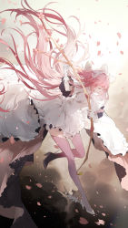 Rule 34 | 10s, 1girl, absurdly long hair, ankle wings, bow (weapon), closed eyes, dress, highres, holding, kaname madoka, long hair, mahou shoujo madoka magica, mahou shoujo madoka magica (anime), nine (liuyuhao1992), petals, pink hair, solo, thighhighs, ultimate madoka, very long hair, weapon, white dress, wings, zettai ryouiki