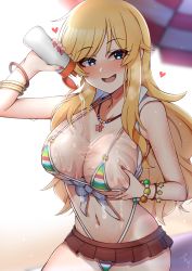 Rule 34 | 1girl, absurdres, artist name, bikini, blonde hair, blue eyes, blurry, blurry background, bracelet, breasts, cleavage, commentary, commission, cowboy shot, depth of field, front-tie top, grabbing own breast, half-closed eyes, halterneck, highleg, highleg bikini, highres, idolmaster, idolmaster cinderella girls, jewelry, large breasts, long hair, looking at viewer, lotion, mabanna, micro bikini, microskirt, multicolored stripes, nail polish, navel, necklace, ohtsuki yui, open mouth, pouring, pouring onto self, red skirt, shirt, signature, skirt, sleeveless, sleeveless shirt, smile, solo, standing, string bikini, striped bikini, striped clothes, swimsuit, white shirt