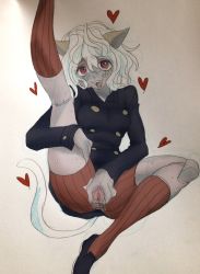 Rule 34 | 1girl, anal, animal ears, breasts, cat ears, cat girl, cat tail, colored pencil (medium), colorized, highres, hunter x hunter, neferpitou, pants, pussy, red eyes, sex, tail, torn clothes, torn pants, traditional media, white hair