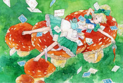 Rule 34 | 1girl, alice (alice in wonderland), alice in wonderland, barefoot, blonde hair, blue bow, blush, bow, card, cup, dress, fly agaric, frilled dress, frills, green bow, green dress, hair bow, long hair, lying, mushroom, on back, original, painting (medium), pouring, puffy short sleeves, puffy sleeves, short sleeves, solo, ta7ma4, teacup, teapot, traditional media, watercolor (medium)