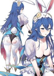 Rule 34 | 1girl, ameno (a meno0), animal ears, ass, blue eyes, blue hair, breasts, cleavage, collarbone, fake animal ears, fake tail, fire emblem, fire emblem awakening, fire emblem heroes, flower, hair between eyes, leotard, long hair, lucina (fire emblem), lucina (spring) (fire emblem), nintendo, official alternate costume, pantyhose, playboy bunny, puffy short sleeves, puffy sleeves, rabbit ears, rabbit tail, short sleeves, simple background, small breasts, solo, tail, torn clothes, torn pantyhose, white background, white pantyhose, yellow flower