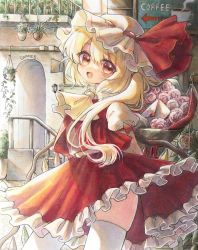 Rule 34 | 1girl, ascot, blonde hair, bouquet, bow, commentary, crystal, flandre scarlet, flower, frilled shirt, frilled shirt collar, frilled skirt, frilled sleeves, frills, hat, hat ribbon, highres, hisako (6anmbblfnjueeff), holding, leaf, letter, long sleeves, love letter, medium hair, mob cap, one side up, pink flower, pink rose, puffy sleeves, red bow, red eyes, red flower, red ribbon, red rose, red skirt, red vest, ribbon, rose, shirt, skirt, solo, symbol-only commentary, thighhighs, touhou, traditional media, vest, white hat, white shirt, white thighhighs, wings, yellow ascot