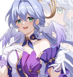 Rule 34 | 1girl, :d, breasts, choker, cleavage, commentary request, detached sleeves, facial mark, gloves, green eyes, hair intakes, hand on own chest, head wings, highres, honkai: star rail, honkai (series), long hair, looking at viewer, medium breasts, open mouth, purple choker, purple hair, robin (honkai: star rail), short sleeves, smile, upper body, very long hair, wangqi, white background, white gloves, wings, zoom layer