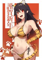 Rule 34 | 1girl, absurdres, animal ears, animal print, bikini, black hair, blush, breasts, bridal gauntlets, chinese zodiac, cleavage, commentary, cowboy shot, elbow gloves, eyes visible through hair, fake animal ears, fang, female focus, gloves, hair between eyes, hair flaps, hairband, hand on own hip, highres, large breasts, long hair, looking at viewer, mazenda (3378), midriff, navel, new year, open mouth, original, paw print, paw print pattern, print bikini, print gloves, red background, red eyes, side-tie bikini bottom, sidelocks, simple background, solo, standing, stomach, string bikini, swimsuit, tail, teeth, tiger ears, tiger print, tiger tail, upper teeth only, v-shaped eyebrows, year of the tiger