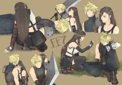 Rule 34 | 1boy, 1girl, armor, bare shoulders, black gloves, black skirt, black thighhighs, blue eyes, blush, boots, breasts, buster sword, cloud strife, crop top, cropped torso, elbow gloves, final fantasy, final fantasy vii, final fantasy vii rebirth, final fantasy vii remake, fingerless gloves, gloves, highres, holding, holding sword, holding weapon, hug, large breasts, long hair, looking at another, low-tied long hair, lying, midriff, multiple views, on back, red eyes, red footwear, short hair, shoulder armor, siqishisan, sitting, skirt, sleeveless, sleeveless turtleneck, suspender skirt, suspenders, sweater, swept bangs, sword, tank top, thighhighs, tifa lockhart, turtleneck, turtleneck sweater, upper body, weapon, white tank top