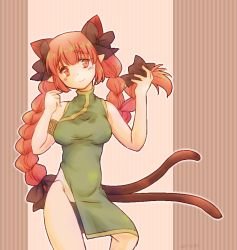 Rule 34 | 1girl, alternate costume, animal ears, bare shoulders, black bow, blunt bangs, bow, braid, cat ears, cat tail, china dress, chinese clothes, closed mouth, dress, extra ears, feet out of frame, gold trim, green dress, hair bow, hair ribbon, hands up, holding, holding hair, kaenbyou rin, light blush, long hair, looking at viewer, multiple tails, nekomata, pink background, pointy ears, red eyes, red hair, ribbon, signalize4you, simple background, smile, solo, standing, standing on one leg, tail, touhou, tress ribbon, twin braids, twintails, two tails, very long hair