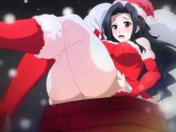 Rule 34 | 10s, 1girl, bad id, bad pixiv id, black hair, blush, boots, breasts, brick, christmas, curvy, frown, fur boots, hat, long hair, mahouka koukou no rettousei, open mouth, poncho s, red eyes, red footwear, saegusa mayumi, santa boots, santa costume, santa hat, sitting, snow, solo, thick thighs, thighhighs, thighs, wide hips