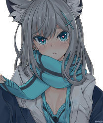 Rule 34 | 1girl, animal ear fluff, animal ears, aqua bra, aqua eyes, aqua scarf, backlighting, blue archive, blush, bra, breast pocket, breasts, cat ears, cat girl, cleavage, commentary request, cross hair ornament, frilled bra, frills, hair ornament, heart, heart-shaped pupils, highres, kurokage, long hair, looking at viewer, open clothes, open shirt, parted lips, pocket, scarf, shiroko (blue archive), shirt, silver hair, simple background, small breasts, smile, solo, symbol-shaped pupils, twitter username, underwear, upper body, white background, white shirt