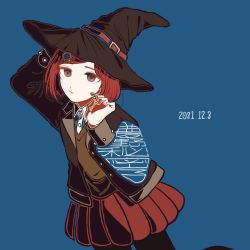 Rule 34 | 1girl, brown hat, brown jacket, brown vest, collared shirt, commentary request, cowboy shot, danganronpa (series), danganronpa v3: killing harmony, dated, green background, hair ornament, hands up, hat, jacket, kiri (2htkz), open clothes, open jacket, pantyhose, parted lips, pleated skirt, red hair, red skirt, shirt, short hair, simple background, skirt, solo, translation request, vest, witch hat, yumeno himiko
