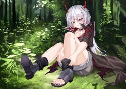 Rule 34 | 1girl, absurdres, aqua eyes, blush, breasts, cleavage, feet, forest, grey hair, heterochromia, highres, long hair, looking at viewer, medium breasts, nature, open mouth, original, pink eyes, sitting, solo, toeless footwear, toes, white hair