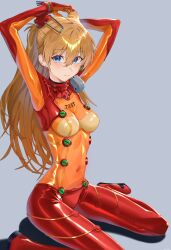 Rule 34 | 1girl, absurdres, alternate hairstyle, arms up, artist request, ass, blue eyes, bodysuit, breasts, covered navel, evangelion: 2.0 you can (not) advance, grey background, hands up, highres, long hair, looking at viewer, medium breasts, neon genesis evangelion, plugsuit, rebuild of evangelion, red bodysuit, see-through, see-through bodysuit, simple background, sitting, skin tight, solo, souryuu asuka langley, test plugsuit, twintails, two side up, wide hips