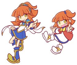 Rule 34 | 2girls, age comparison, age difference, arle nadja, armor, blue footwear, blue skirt, blunt bangs, blunt ends, blush stickers, boots, bow, bowtie, breasts, cape, child, clenched hand, closed mouth, deformed, dress, fold-over boots, full body, hand up, highres, knee up, leslietheluna, looking at viewer, looking to the side, mega arle, mini arle, multiple girls, official alternate hair length, official alternate hairstyle, one side up, open hand, open mouth, orange hair, outstretched arm, parody, pauldrons, pointing, pointing at viewer, pose imitation, puyopuyo, puyopuyo 20th anniversary, puyopuyo 7, red robe, robe, shirt, shoulder armor, sidelocks, simple background, skirt, sleeveless, sleeveless shirt, small breasts, smile, standing, standing on one leg, style parody, tiara, two-tone footwear, white background, white cape, white dress, white footwear, white shirt, wristband, yellow bow, yellow bowtie, yellow eyes, yellow footwear, yellow trim