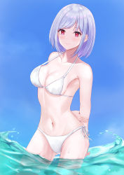 Rule 34 | 1girl, absurdres, arms behind back, bare arms, bare shoulders, bikini, blue hair, blue sky, blush, breasts, cleavage, collarbone, gluteal fold, halterneck, highres, in water, light blue hair, looking at viewer, medium breasts, medium hair, mossan (mossan-777), navel, original, outdoors, red eyes, side-tie bikini bottom, sky, smile, solo, string bikini, swimsuit, wading, water, wet, white bikini